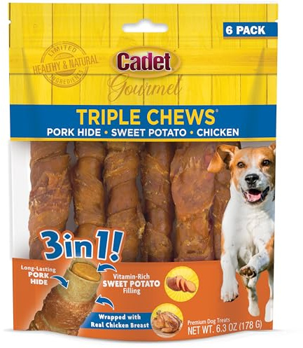 Cadet Triple Chew Pork Hide, Sweet Potato, & Chicken Dog Treats, 6 Count
