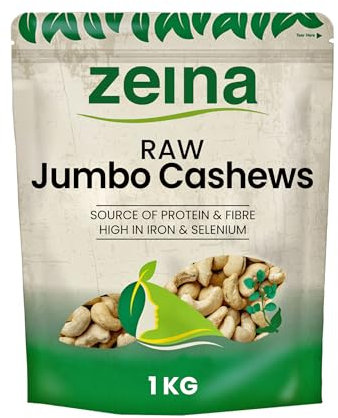 Zeina Jumbo Cashew Nuts (Raw) with High Vitamin B6 and Iron (1Kg) - Natural Fibre and Protein. A Fresh Healthy Snack with Resealable Bag - Peanut and Sesame Free