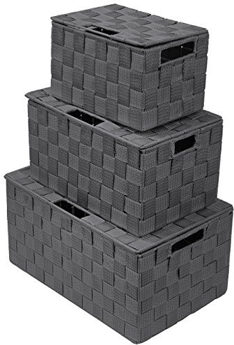 Sorbus Aufbewahrungsbox Gewebter Korb Behälter Tote Cube Organizer Set Stapelbarer Aufbewahrungskorb Gewebter Gurt Regal Organizer Eingebaute Tragegriffe (Deckelbehälter – 3 Stück, grau)