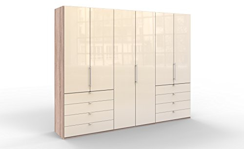 WIEMANN Loft Kleiderschrank, Schlafzimmerschrank, Gleittürenschrank, Drehtürenschrank, mit Schubladen, Glas magnolie, Eiche-sägerau, Holz, B/H/T 300 x 236 x 58 cm