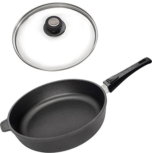 Eurolux Guss-Schmorpfanne Ø 24 cm Induktion Set mit Glas-Deckel - hoher 7 cm Rand - Alugusspfanne mit abnehmbaren Stiel & Antihaft-Beschichtung - Made in Germany