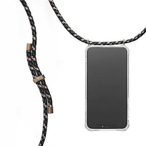 KNOK Premium Handykette für Apple iPhone 11 Pro, Tarngrün, transparent | Silikonhülle mit fest verbundener Kordel zum Umhängen, stoßfest, ideal für Festival, Konzert oder Alltag, robust