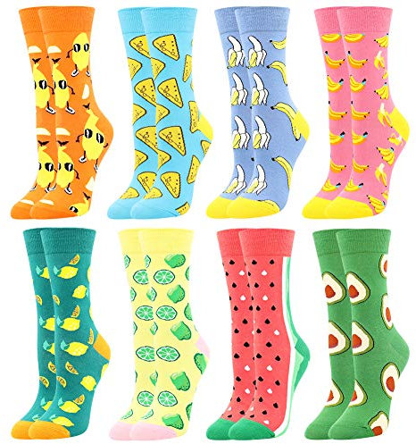 BONANGEL Chaussettes pour Femmes Lot en Coton, Chaussettes Fantaisie, Chaussettes Animaux, Chaussettes Aliments, Imprimé Chaussettes,Chaussettes pour Filles, Cadeau (8pairs-MissLemon)