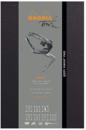 Rhodia 116109C - Block Grey Maya Pad, geheftet, 50 Blatt mikroperforiert, Maya Zeichenpapier grau, 21 x 31,8cm, Cross'n'Dot, 120g, 1 Stück
