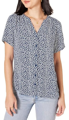 Amazon Essentials Women's Relaxed-Fit Short-Sleeved Woven Blouse, Blue White Petal, L