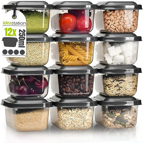 idea-station Vorratsdosen mit Deckel 12 x 250 ml - anthrazit - stapelbares Frischhaltedosen Set - perfekt als Snackbox für Kinder oder Gefrierdosen einsetzbar