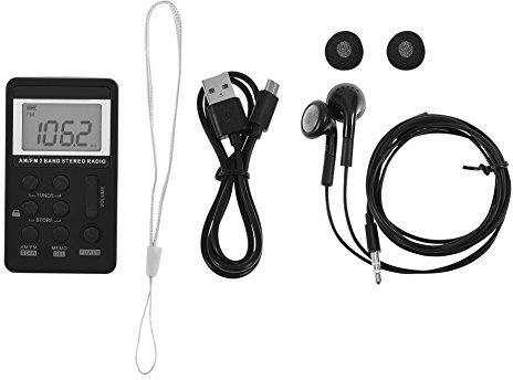 Mini Radio de Bolsillo, ABS Negro Radio Recargable, Am/FM Estéreo de 2 Bandas con Pantalla LCD Auriculares Mini Radio, 3 Modos de BÚsqueda