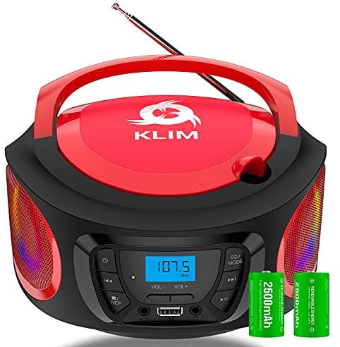 KLIM Boombox – Stereo Portatile Radio portatile FM, lettore cd, Bluetooth, MP3, USB, AUX + Batterie ricaricabili incluse + Connessione AUX e Wireless + Compatto e robusto + NOVITÀ + Rosso