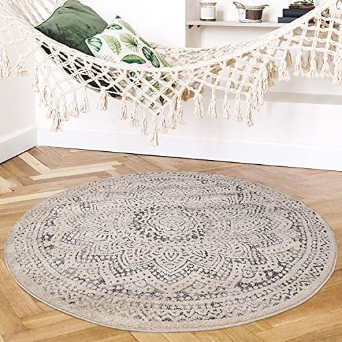 payé Teppich Rund Wohnzimmer - Beige Grau - 120x120cm Mandala Deko Boho Kurzflor Schlafzimmer Dekoration Läufer - Orientalische Teppiche