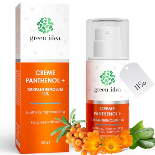 Green idea PANTHENOL CREME 11% | hoher Gehalt an Dexpanthenol - Gesichtscreme, Panthenol Wund und Heilsalbe | Aloe Vera, Calendula, Sanddornöl | After-Sun-Pflege | Ekzemapflege 50 ml