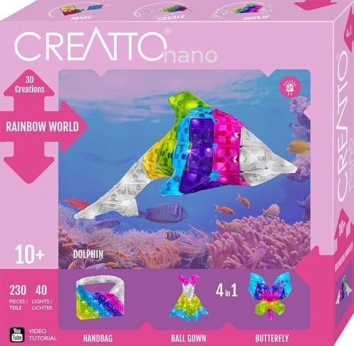 KOSMOS 3829 CREATTO Regenbogen 3D-Leuchtfiguren entwerfen, 3D-Puzzle-Set für Delfin, Handtasche, Ballkleid, Schmetterling, kreative Zimmer-Deko, 230 Steckteile, 40-TLG LED-Lichterkette