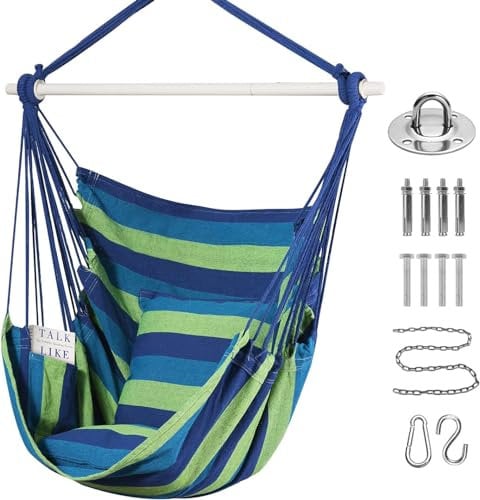 Goutime Schaukel Stuhl Große Hängematte Stuhl Weiche Baumwolle mit 2 Sitzkissen Kissen Hängeschaukel Outdoor & Indoor, 330 Lbs (Blau und Grün)