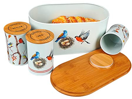 SiXsigma Sports 4pc Kitchen Storage Set - Tea, Coffee, Sugar Canister Jars & Bread Bin with Airtight Bamboo Lids - Novelty Gift for Christmas, Birthday, Anniversary or Spring in the Kitchen