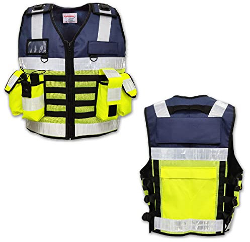 EXPLOSIV Reflektierende Multi-Taschen Security Sicherheitsweste, Größe M-2XL (verstellbar), navy-yellow (ohne Druck)