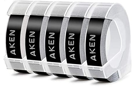 Aken 5 x Prägebänder Schwarz 9mm Kompatibel mit Dymo Omega Etikettenband Junior 9mm 3D Weiß auf Schwarz, Kompatibel mit Omega Junior Prägegerät, für Dymo Etikettenband Schwarz