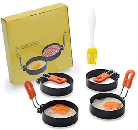 Egg Rings for Frying Eggs, Set of 4, 3.0 in, Stainless Steel Egg Cooker for Breakfast Sandwich Maker, Round Egg Cooker Ring with Brush