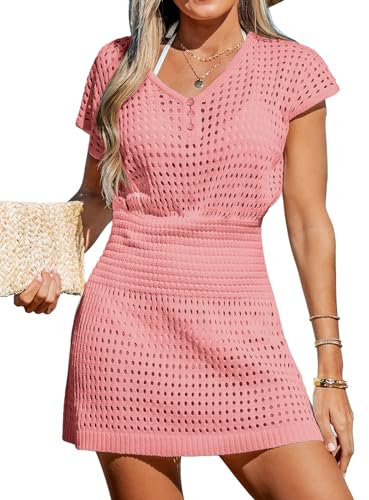 CUPSHE Women's Crochet Cover Up Swim Beach Button Short Sleeve Mini Dress Beachwear Pink S