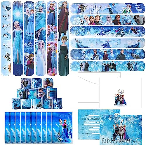 Eiskönigin Kinder Party Mitgebsel, 12 Schnapparmbänder, 12 Einladungskarten 12 Umschläge 10 Partytüten Kindergeburtstag Spielzeug Cartoon Anim Eiskönigin für Jungen Mädchen Geschenke Party Zubehör