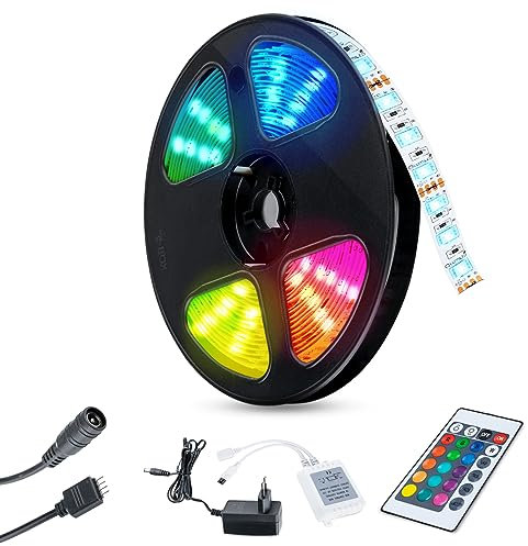 Lumiled LED Streifen 5M mit Fernbedienung, 300 LEDs 12V RGB Farbwechsel 24W LED Strip SMD LED Band IP33 2640 lm Selbstklebend Lichtband für Innenbereich Heim Küche Schlafzimmer Deko mit EU Stecker