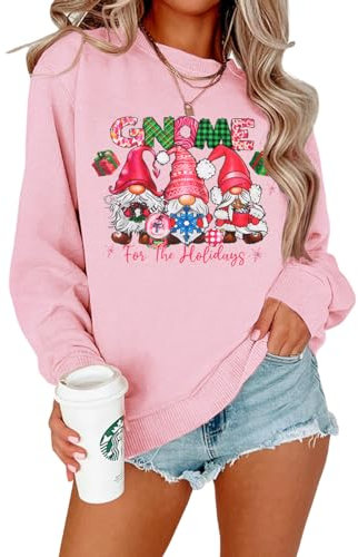 SOFEON Frauen Weihnachten Sweatshirts Wichtel Für Die Feiertage Langarm Shirts Rundhals Pullover Oversized Winter Tops, Pink, M