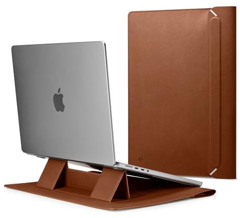 Spigen Laptop Sleeve Valentinus S 13 14 Inch, Compatible with MacBook Pro, Built in Magnetic Flap With Foldable Stand, Leather Laptop Case Pouch Bag - ClassicBrown