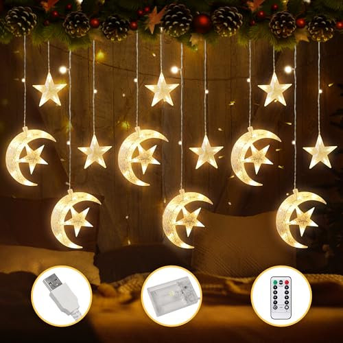 FemKey Rideau Lumineux Ramadan, 3.5M 8 Modes Étoiles Lune Rideau Lumières pour Ramadan, LED Guirlande Lumineuse Fonction Mémoire Batterie/USB, Fenêtre Lumineux Étoile Ramadan