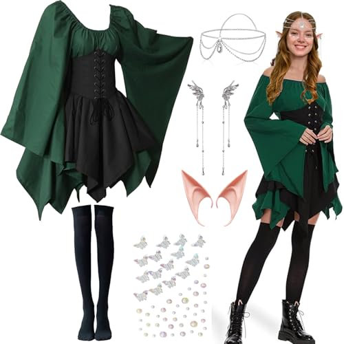 Mittelalter Kostüm Damen für Halloween, Elfenkostüm mit Trompetenärmel, Renaissance Mittelalter Kleidung Damen, Traditionelles Irisches Kleid Gothic Vintage-Kleid Viktorianisches Cosplay Kostüm (S)