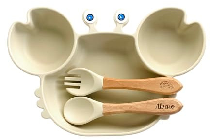 Ensemble repas complet pour enfant avec assiette à ventouse, couverts personnalisés - Idéal pour baptême et naissance - Cadeau original pour bébé - Kit coffret diner pratique et élégant en beige