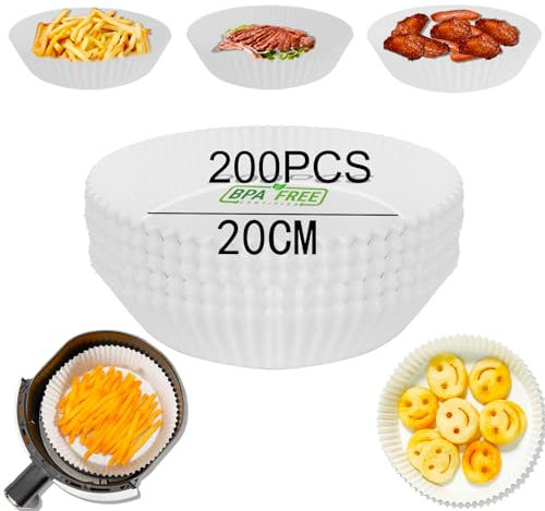 Pulsky Backpapier für Heißluftfritteuse XXL, Rund 20CM 200 Stück 4.2-6.5L Airfryer Backpapier Heißluftfritteuse Zubehör Kompatibel mit Philips, Tefal，Cecotec Ofen Mikrowelle Air Fryer（Weiß）