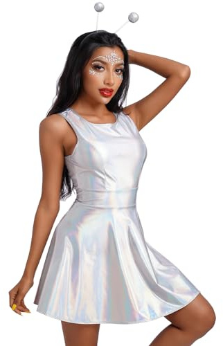 IWEMEK Damen Holographisch Metallisch Minikleid Skaterkleid Neon Glänzendes Lackleder Wetlook Club 80er Disco Tanz Rave Festival Partykleid Halloween Karneval Kostüm Laser Silber mit Stirnband L