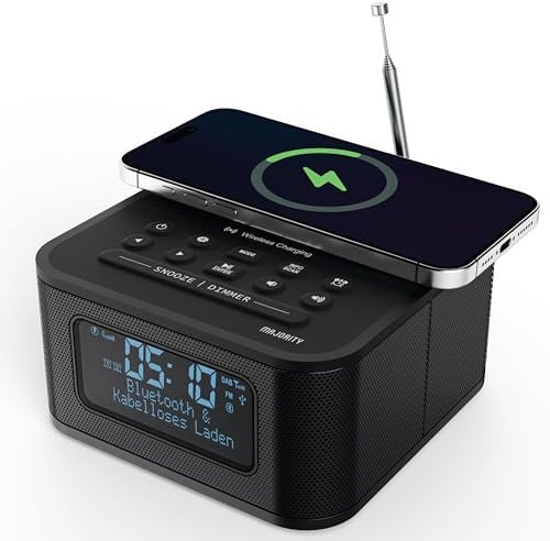 MAJORITY Knapton | Nachttischradio mit Bluetooth | 15W kabelloses Laden & USB-Laden | DAB+ und FM | Lauter Doppelalarm, Schlaf- & Schlummerfunktion | Großes dimmbares, beleuchtetes LCD-Display