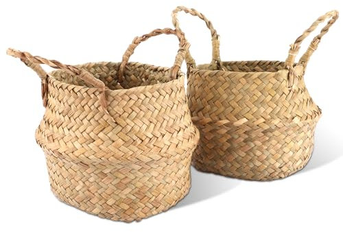 LDXDRU Lot de 2 Paniers en Jonc de Mer Avec Anse pour Fleurs et Plantes Artificielles - Panier Tressé