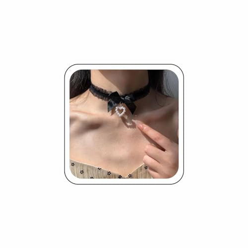 Wendalern Gothic Samt Schleife Spitze Halsband Perlen Herz Anhänger Schleife Halskette Samt Tattoo Spitzenkragen Halsband Sexy Satin Fliege Halskette Lolita Cosplay Zubehör für Frauen und Mädchen