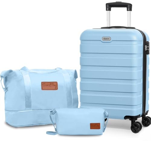 AnyZip Kofferset 20 Inch (10 Jahre VIP-Service) Gepäck-Sets Reisekoffer von ABS+PC Hartschalen Trolley 4 Rollen TSA-Schloss Der Koffer Enthält 1 Reisetasche und 1 Toiletry Bag (Hellblau,M)
