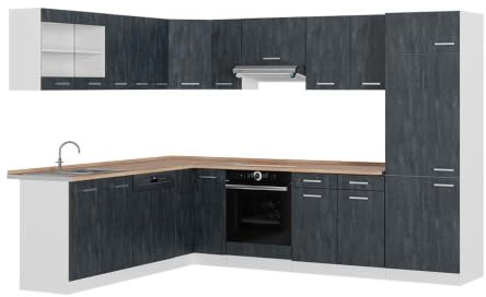 Vicco Eckküche R-Line, Schwarz Beton/Weiß, 287 x 227 cm | 12 Module · Höhenverstellbare Füße · Arbeitsplatte Eiche · Robuste Fronten · Mit Kühlschrankumbauschrank · Frei kombinierbar