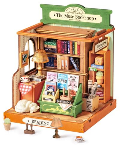 Rolife DIY Miniature House Miniatur Haus Bausatz Selber Bauen Deko für Schreibtisch oder Bücherregal The Muse Bookshop 3D Holzpuzzle Modellbausatz Diorama Modellbau Bastelset für Erwachsene DS040