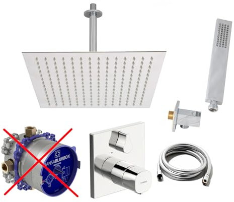 vanvilla Duschsystem mit Unterputz Duscharmatur von Hansa Living Thermostat Armatur und vanvilla Regendusche mit Armatur, Duschkopf eckig, Dusch-SET A107-ob poliert