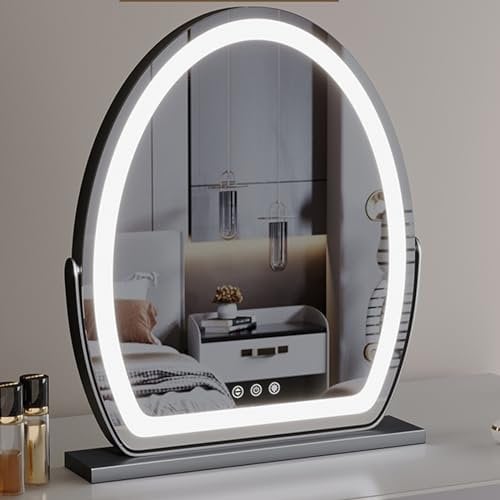 BomDog Badezimmerspiegel, Kosmetikspiegel Mit Beleuchtung, 360°-Drehung, Dimmbarer Led-Spiegel Mit 3 Farbbeleuchtungen/Nero/42X54Cm