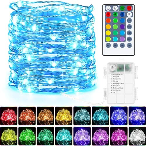 LED Lichterkette mit Batterie Innen 50 LED 16 Farbwechsel Akku RGB Lichterkette Superhelle Lichter mit Fernbedienung Timer für Weihnachtsdekorationen im Innen- und Außenbereich(1 Stück,RGB ) (1)