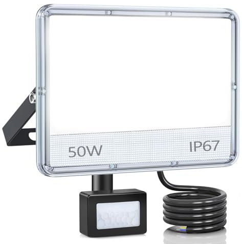 ANNIFUNLY Faretto Led da Esterno con Sensore di Movimento, 50W 5000 lumen Faro Led Esterno 6500K Bianca Fredda, IP67 Impermeabile Fari LED per Garage Cortile Giardino Terrazza