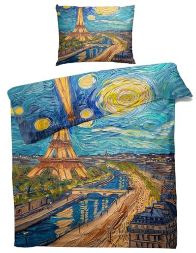 Generisch Paris Eiffelturm Bettwäsche 135x200 - ölgemälde Bettbezug 135 x 200 2er Set, Weiche & Angenehme Mikrofaser Bettbezüge & Kissenbezug 80x80, Bettwäsche-Sets mit Reißverschluss X%-176