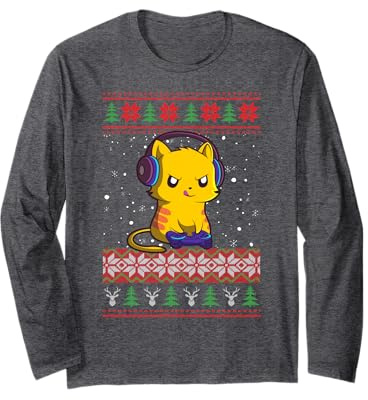 Pull de Noël moche gaming chat gamer Manche Longue