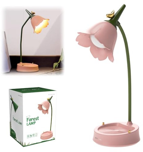 SKIKHN Schreibtischlampe Kinder,Dimmbare LED Tischlampe mit 3 Farbtemperaturen,Wiederaufladbar Akku Lampe mit Touchsensor und Flexibles Arm,Tischlampe Led Kabellos für Lesen, Lernen (Blume Vogel Rosa)