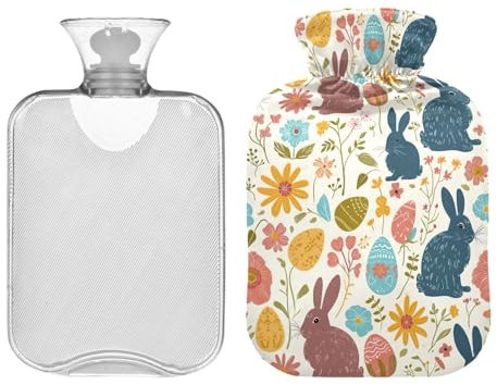 Bouillotte avec housse souple - Lapins et fleurs de Pâques - Sac à eau chaude - Sac de compression pour soulager la douleur - Thérapie par le chaud et le froid - 2 litres