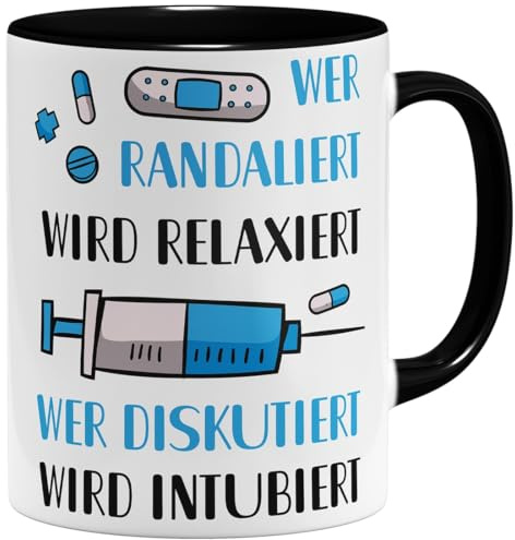 OM3® witzige Kaffee-Tasse mit Spruch - Wer randaliert wird relaxiert, wer diskutiert wird intubiert - Keramik Becher - 325ml - Beidseitig Bedruckt - Schwarz