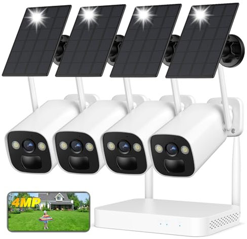 YESKAMOU 4MP Kamera Überwachung aussen akku mit Solarpanel, Solar Überwachungskamera aussen Set, Vollfarb-Nachtsicht, IP66, WLAN Kamera Outdoor akku, PIR Bewegungsmelder, HDD und MicroSD-Speicher