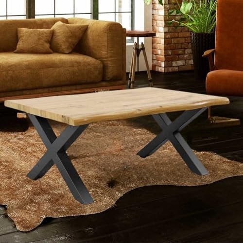 LEBENSwohnART Ausziehbarer Esstisch Oakland 180-220cm Wildeiche-Design Baumkante schwarzes X-Metallgestell