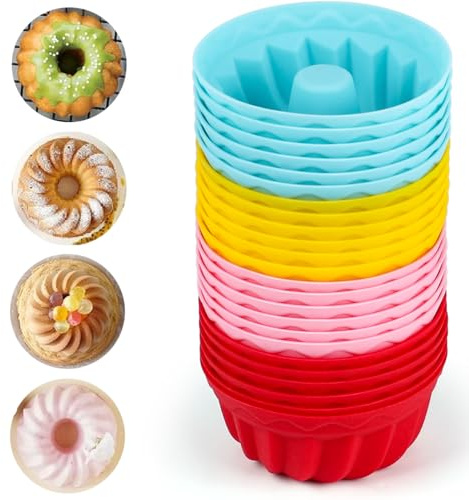 24 Stück‌ Mini Gugelhupfform Silikon Set, Gugelhupf Backform aus Silikon 4 Farben Wiederverwendbare Muffinformen für Cupcakes, Desserts & Snacks Ofen- & Mikrowellengeeignet Ø 6,5 cm, 2,7 cm Höhe