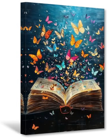 CXHOSTENT Bunte Schmetterlinge auf Leinwand Wandkunst Vintage-Buchbilder Schmetterlinge Gemälde Druck Bibliothek Lesezimmer Dekor gerahmt (60L x 40B cm)