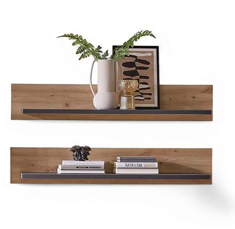Stella Trading Memphis 2er Set Wandboard in Artisan Eiche Optik, Graphit FSC-Zertifiziert - Vielseitig einsetzbare Wandregale mit LED-Beleuchtung - 100 x 15 x 23 cm (B/H/T)